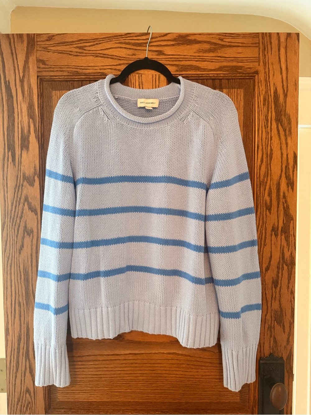 Free Assembly 100% Cotton Striped Rollneck Sweater, size large, blue